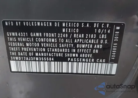 2015 Volkswagen Jetta 1.8T Se from USA, damaged, VIN 3VWD17AJ3FM355584